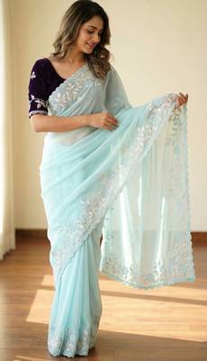 Women gorgette sky blue embroidery bollywood saree 3