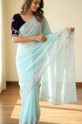 Women gorgette sky blue embroidery bollywood saree