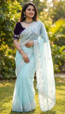 Women gorgette sky blue embroidery bollywood saree 4