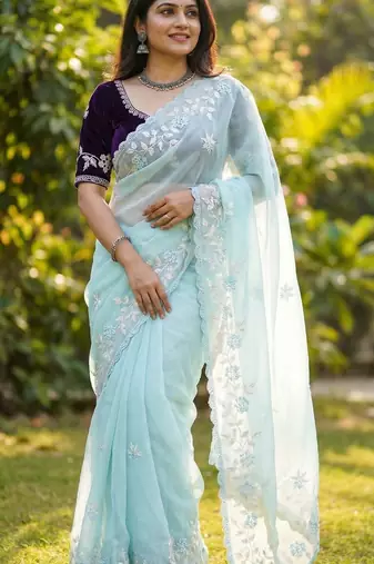 Women gorgette sky blue embroidery bollywood saree