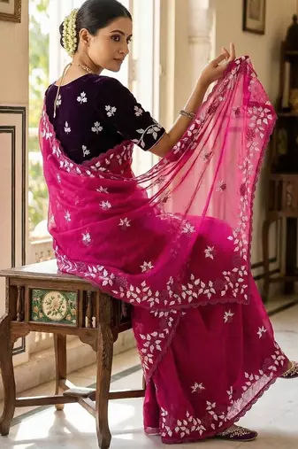Women gorgette pink embroidery bollywood saree