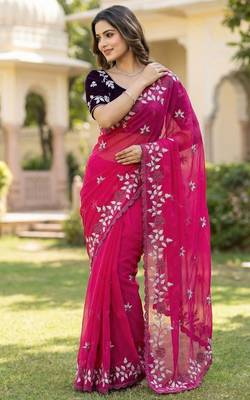 Women gorgette pink embroidery bollywood saree 3