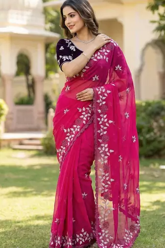 Women gorgette pink embroidery bollywood saree