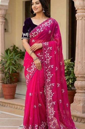Women gorgette pink embroidery bollywood saree