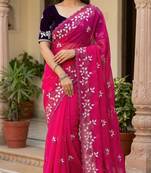 Women gorgette pink embroidery bollywood saree