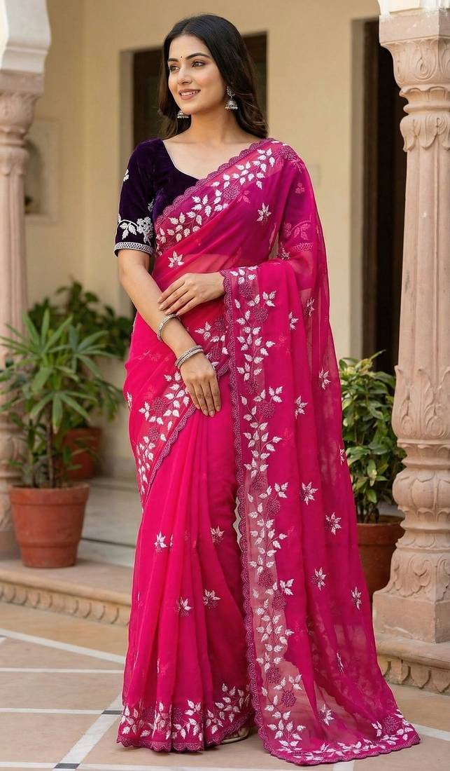 Women gorgette pink embroidery bollywood saree