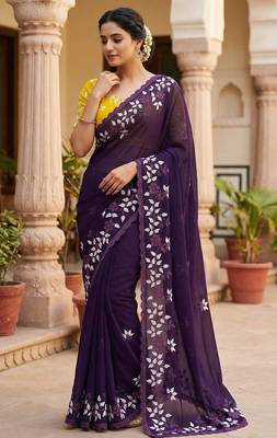 Women gorgette wine embroidery bollywood saree 1
