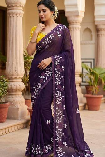 Women gorgette wine embroidery bollywood saree