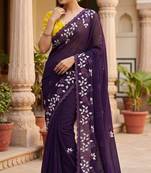 Women gorgette wine embroidery bollywood saree