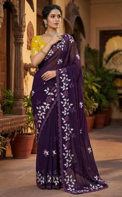Women gorgette wine embroidery bollywood saree 2