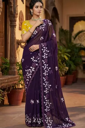 Women gorgette wine embroidery bollywood saree