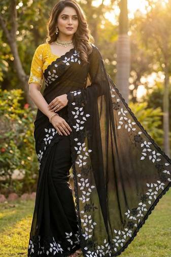 Women gorgette black embroidery bollywood saree