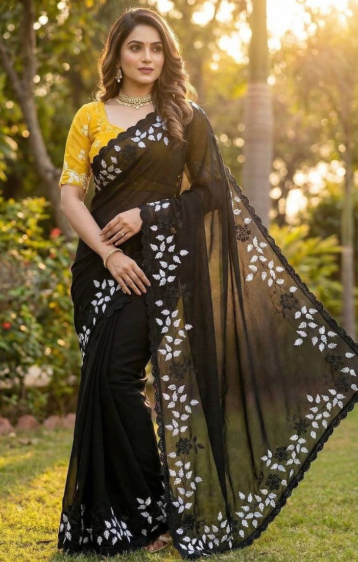 Women gorgette black embroidery bollywood saree