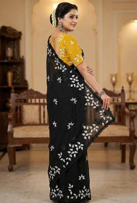 Women gorgette black embroidery bollywood saree 2