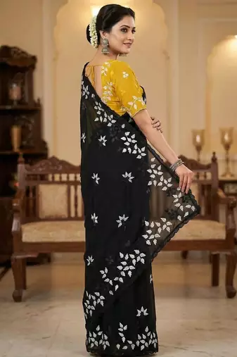 Women gorgette black embroidery bollywood saree