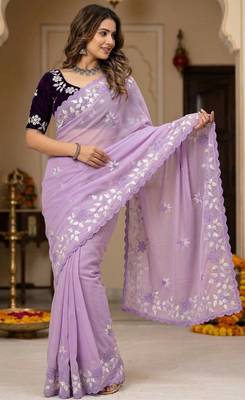 Women gorgette light purple embroidery bollywood saree 1