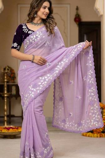 Women gorgette light purple embroidery bollywood saree