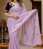 Women gorgette light purple embroidery bollywood saree