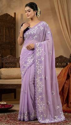 Women gorgette light purple embroidery bollywood saree 2