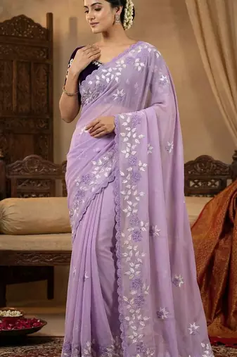 Women gorgette light purple embroidery bollywood saree