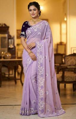 Women gorgette light purple embroidery bollywood saree 3