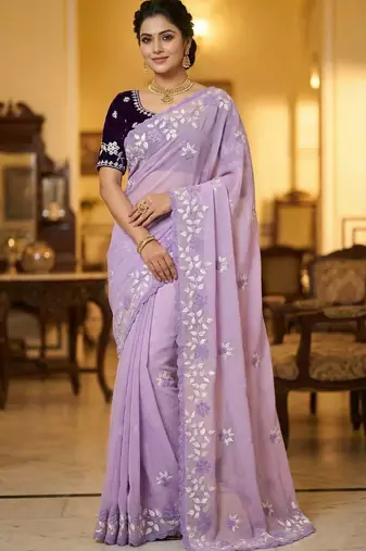 Women gorgette light purple embroidery bollywood saree