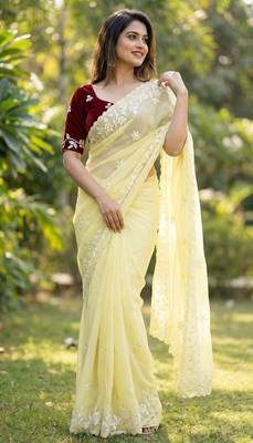 Women gorgette light yellow embroidery bollywood saree 1