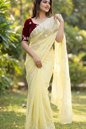 Women gorgette light yellow embroidery bollywood saree