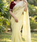 Women gorgette light yellow embroidery bollywood saree