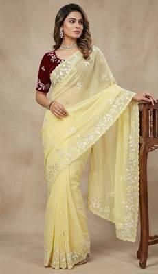 Women gorgette light yellow embroidery bollywood saree 2