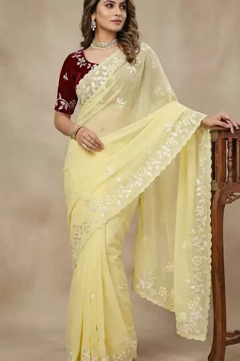 Women gorgette light yellow embroidery bollywood saree