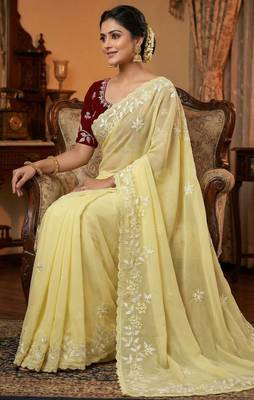 Women gorgette light yellow embroidery bollywood saree 3