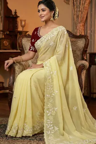 Women gorgette light yellow embroidery bollywood saree