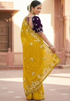 Women gorgette mustars embroidery bollywood saree 2