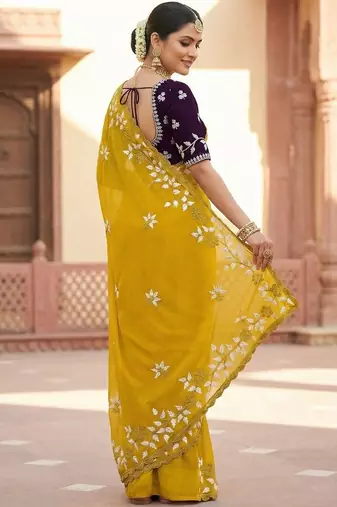 Women gorgette mustars embroidery bollywood saree