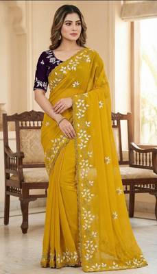 Women gorgette mustars embroidery bollywood saree 1
