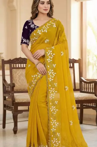 Women gorgette mustars embroidery bollywood saree