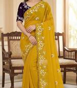Women gorgette mustars embroidery bollywood saree