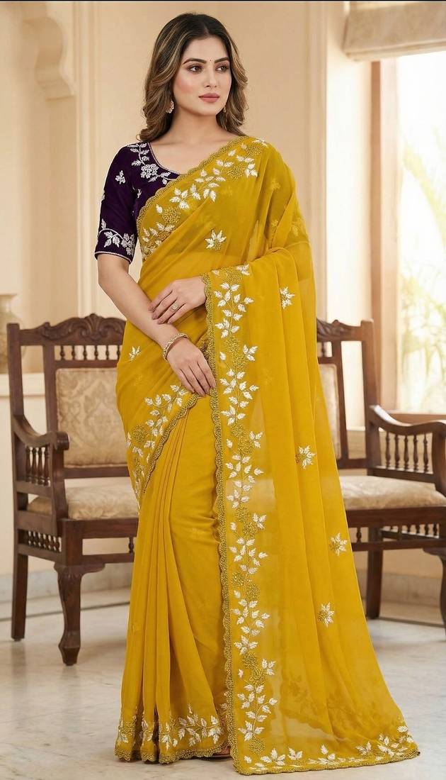 Women gorgette mustars embroidery bollywood saree