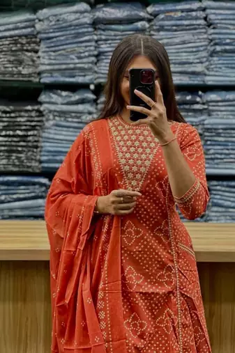 Women's Orange Bandhani Printed Kurta Pant Set with Dupatta