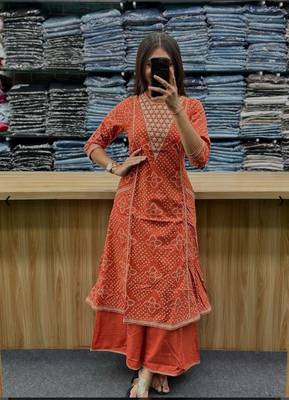 Women's Orange Bandhani Printed Kurta Pant Set with Dupatta 1