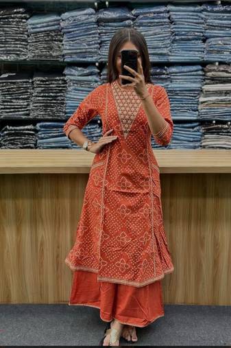 Women's Orange Bandhani Printed Kurta Pant Set with Dupatta