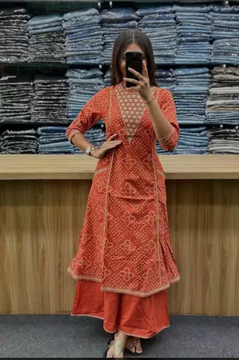 Women's Orange Bandhani Printed Kurta Pant Set with Dupatta