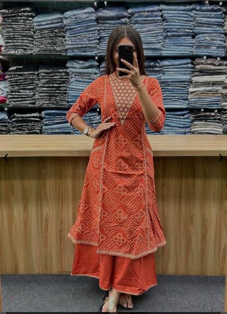 Women's Orange Bandhani Printed Kurta Pant Set with Dupatta
