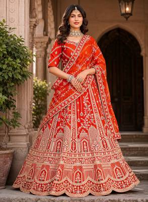 Rust Orange Silk blend with Fusing Embroidered Lehenga Choli 1
