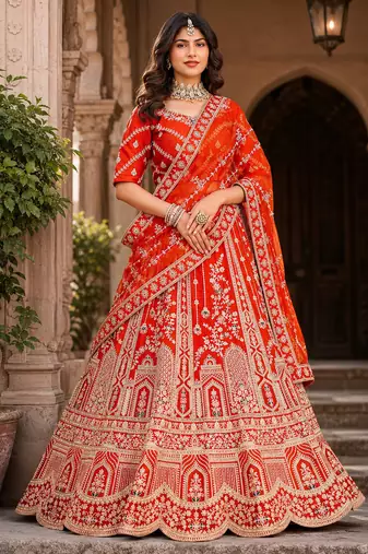 Rust Orange Silk blend with Fusing Embroidered Lehenga Choli