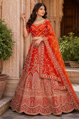 Rust Orange Silk blend with Fusing Embroidered Lehenga Choli
