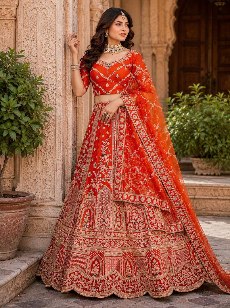 Rust Orange Silk blend with Fusing Embroidered Lehenga Choli