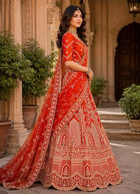 Rust Orange Silk blend with Fusing Embroidered Lehenga Choli 3
