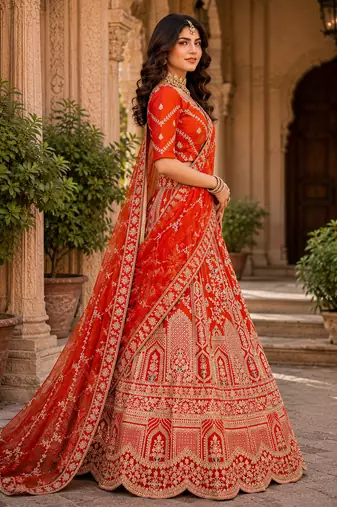Rust Orange Silk blend with Fusing Embroidered Lehenga Choli
